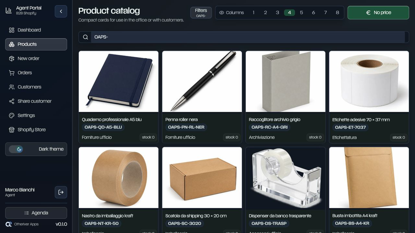 Shopify-connected product catalog inside the agent portal