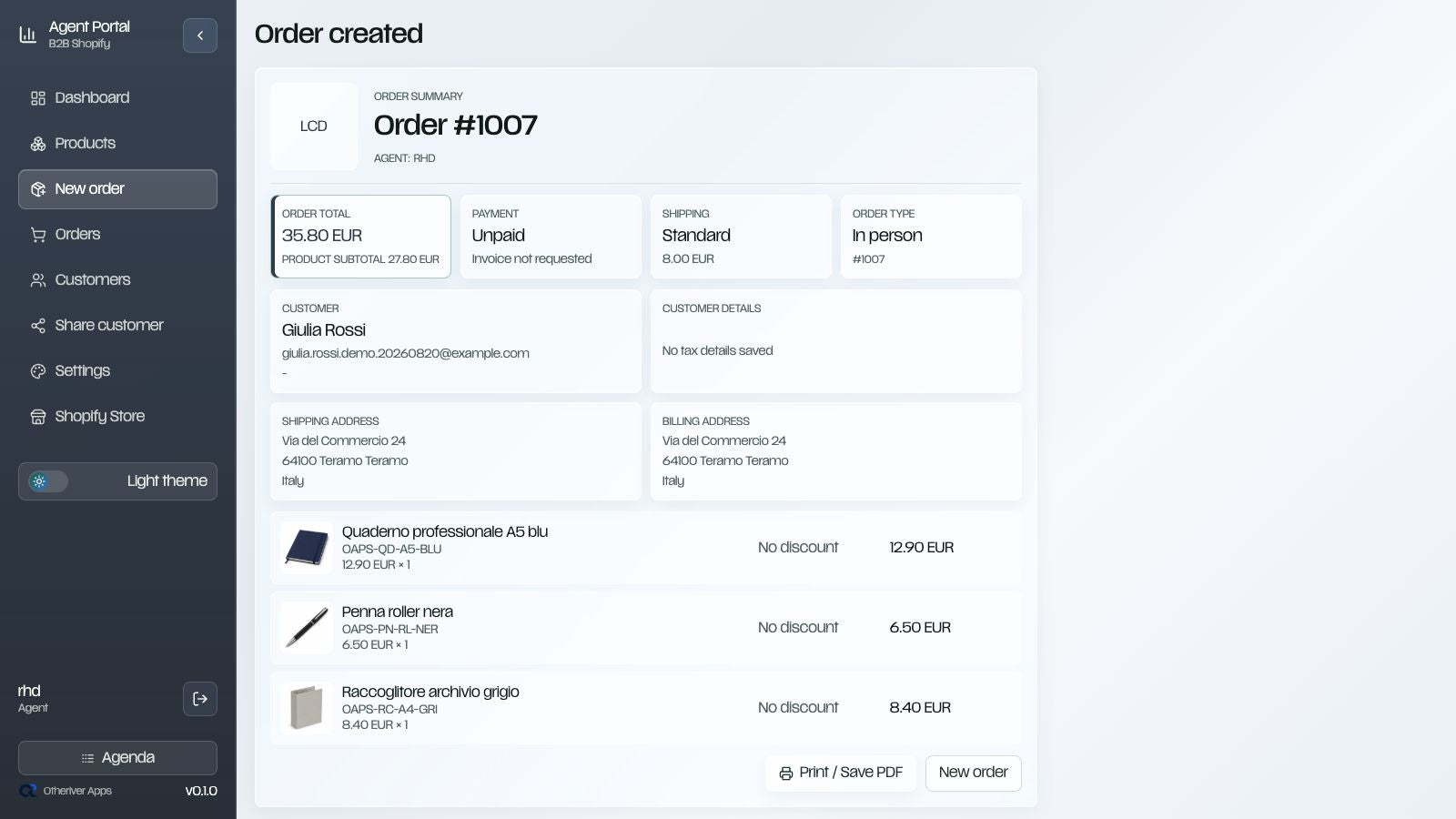 English confirmation generated in the portal after submitting the order