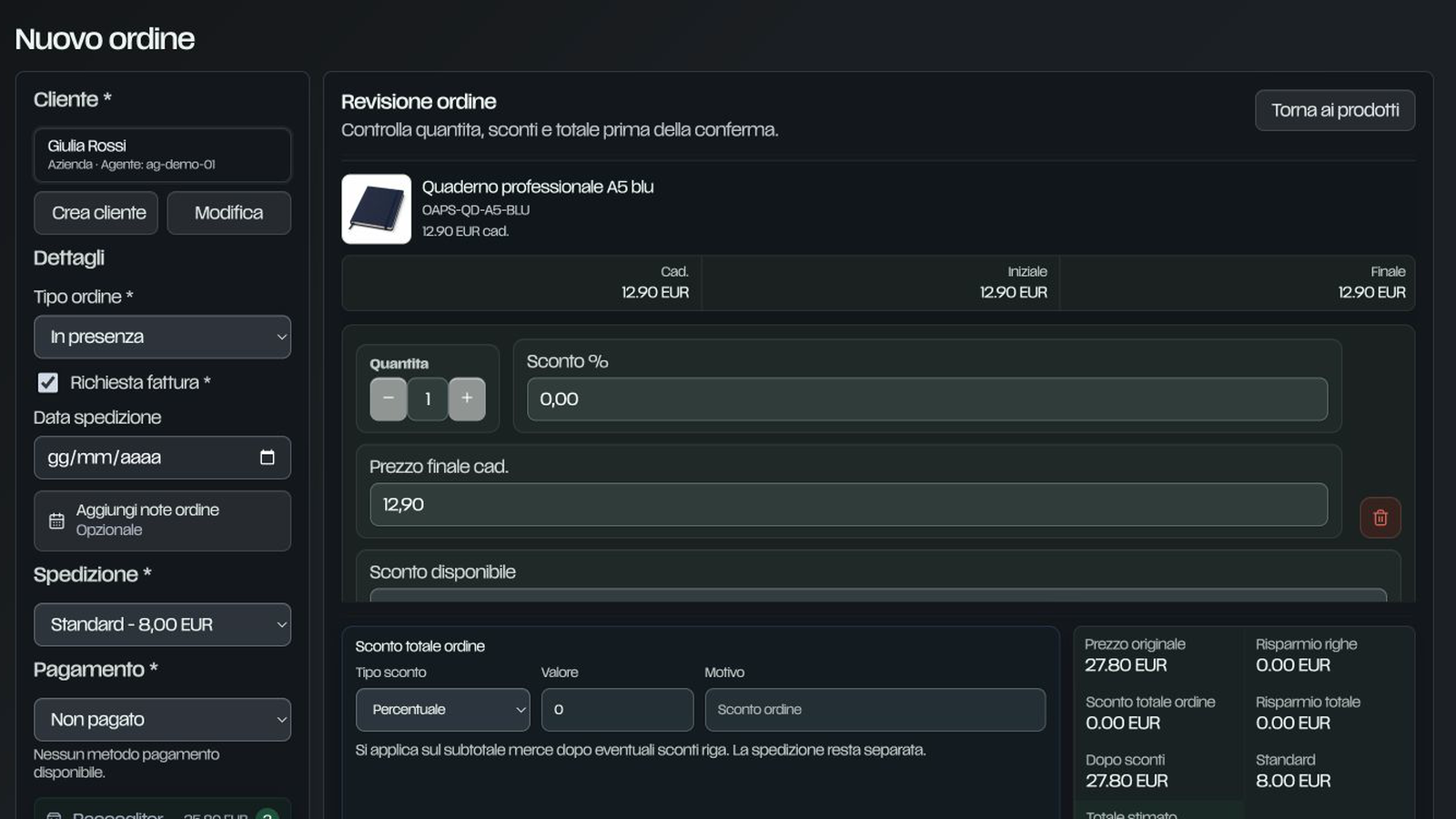 Interfaccia di dashboard, catalogo e creazione ordine di Otheriver Agent Portal Suite