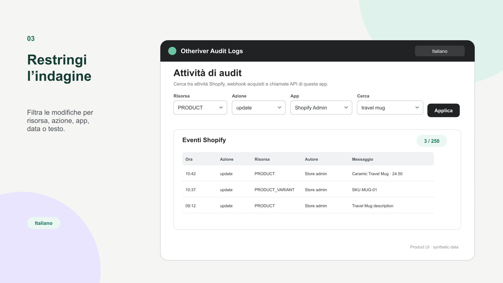 Filtri di Otheriver Audit Logs per restringere un'indagine su Shopify